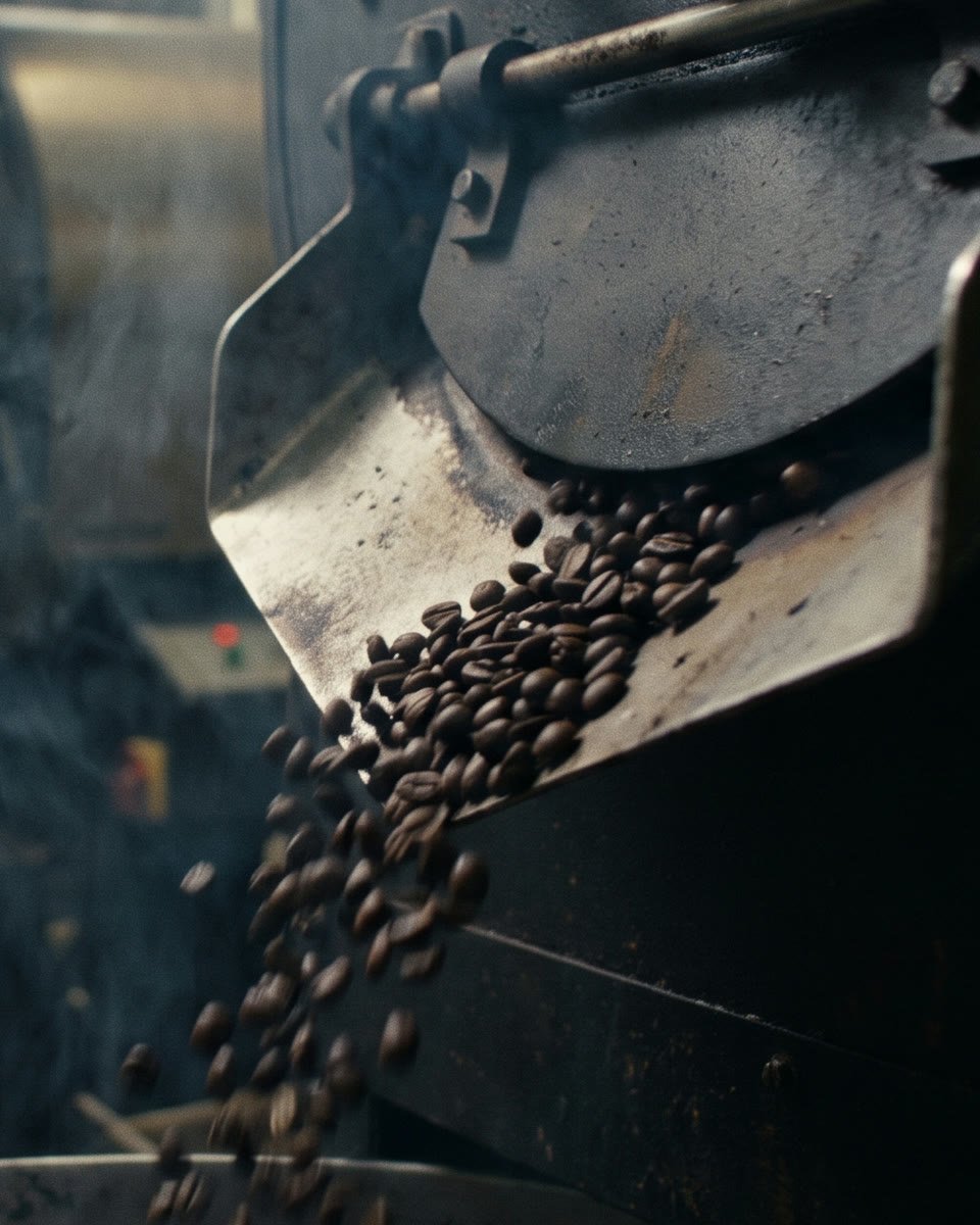 Les grains fraîchement torréfiés basculent par-dessus la goulotte du tambour.